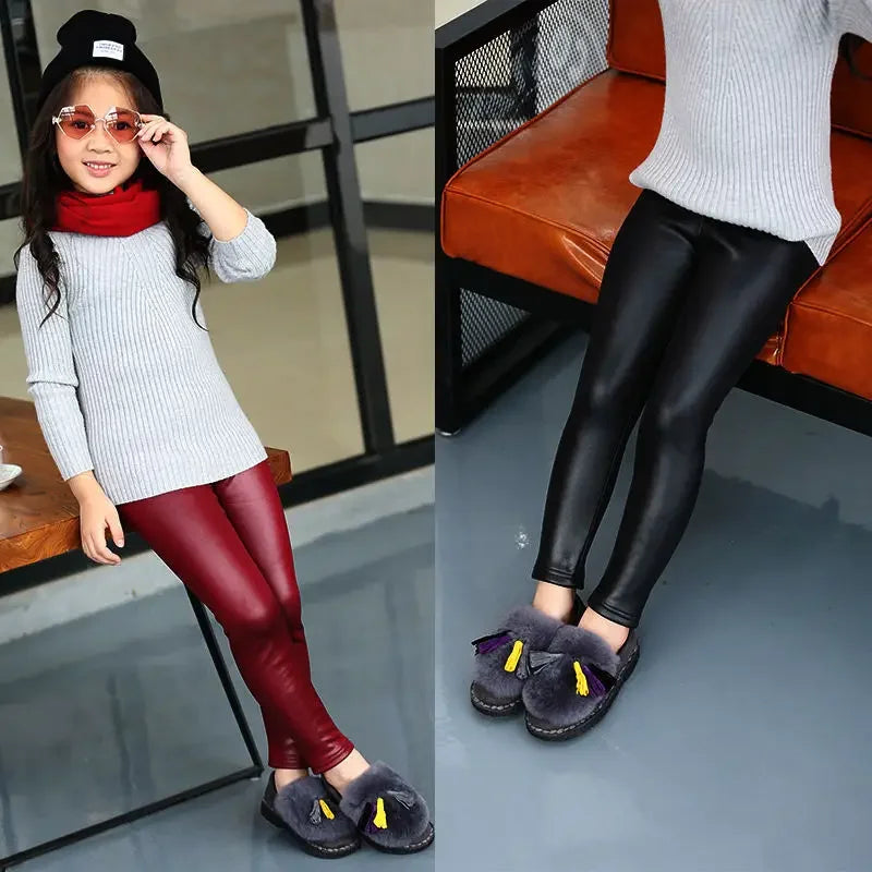 Girls Leggings PU Leather Warm Slim Pants