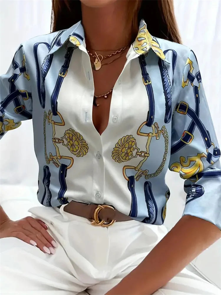 Elegant Printed Pattern Button Long Sleeve Women's Shirts