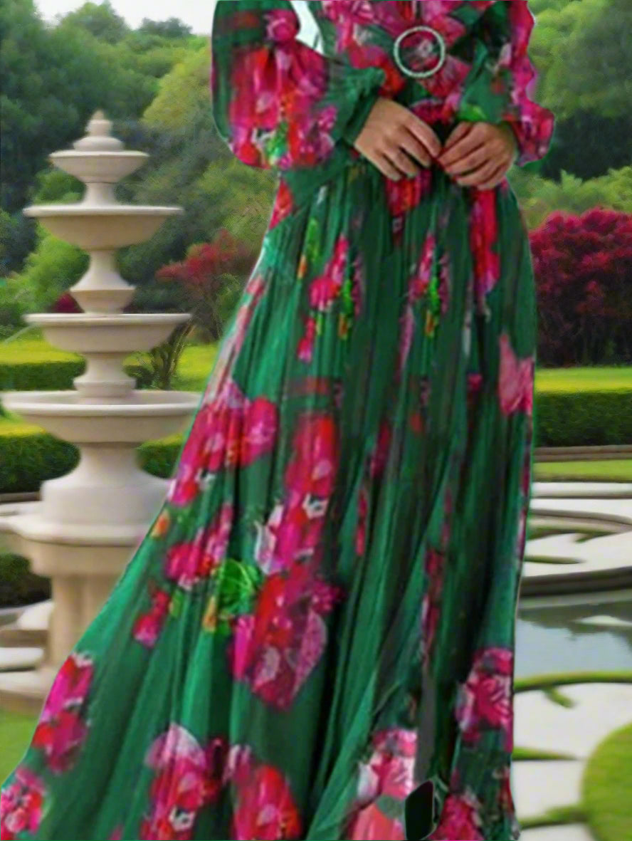 Spring Autumn V-Neck Maxi Floral Print Dress Long Sleeve Waist A-line