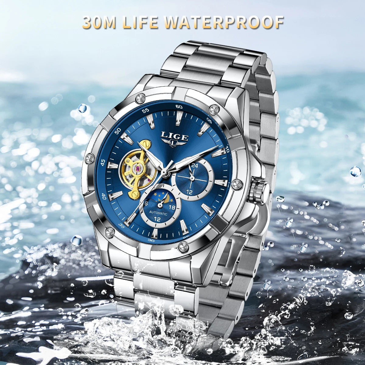 Luxury 24-Hours Moon Phase Automatic Movement Stainless Steel Band Men's Watches