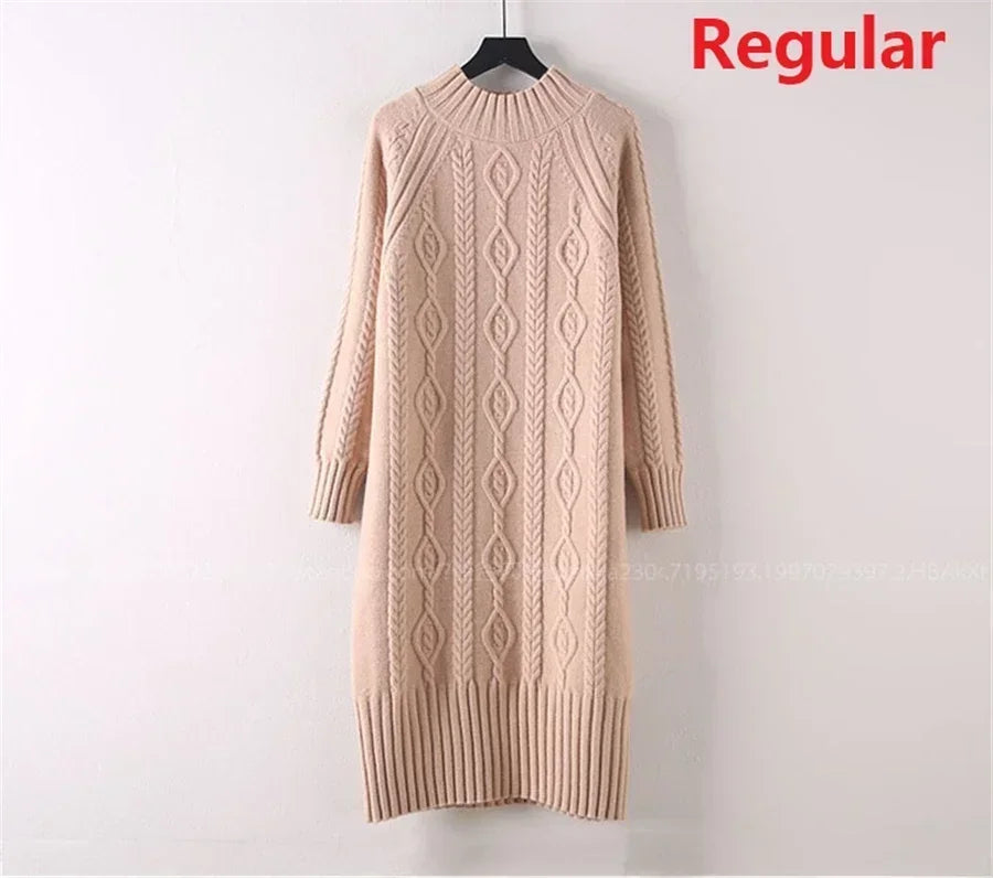 Women Winter Thicken Plus Velvet Sweater Dress Mock Neck Rib Knit Midi With Coats