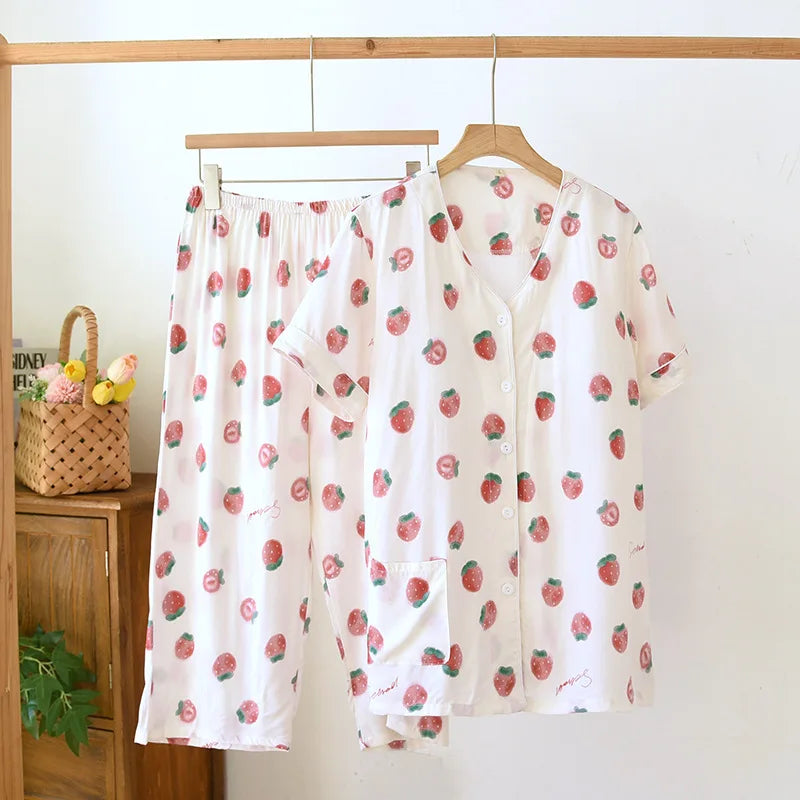 Thin Summer Floral Woman Pajama Sets Nightwear Top and Pants