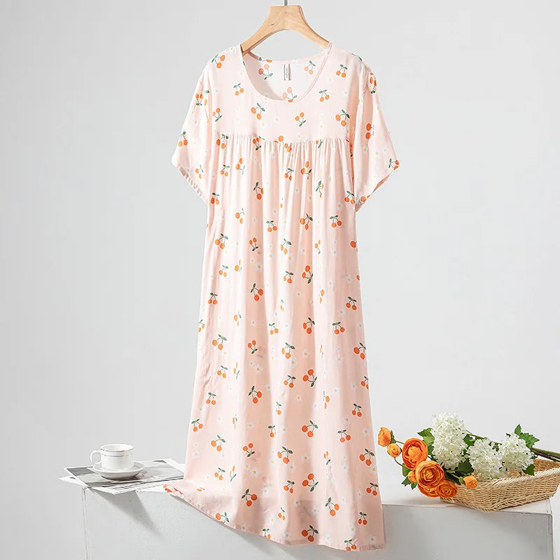 Summer Women Nightgown Short Sleeve Round Neck