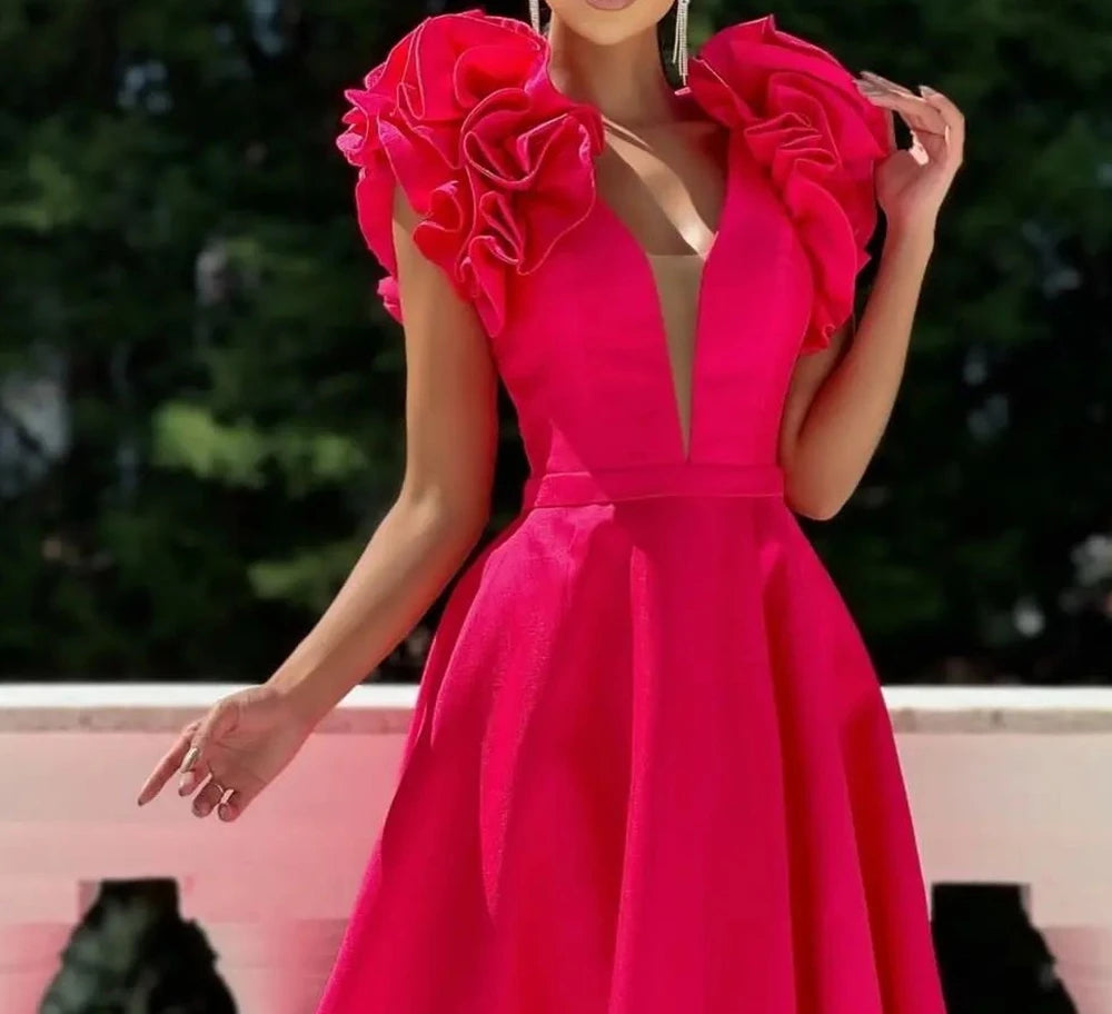 Customized Elegant 3D Flowers A-Line V-Neck Cap Sleeve Satin Evening Dresses Sweep Train Sleeveless