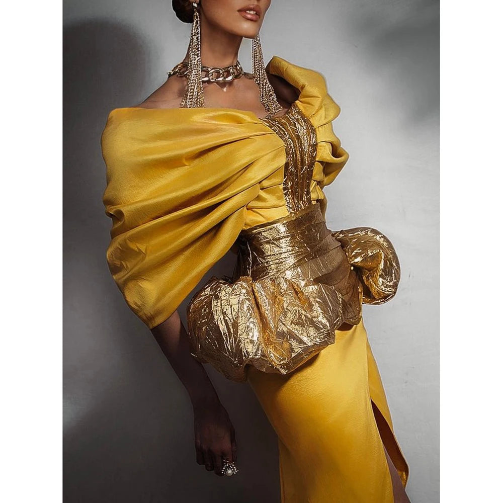 Luxury Long Sleeve Yellow Evening Dress for Women with Boat Neck and Chapel Train Split