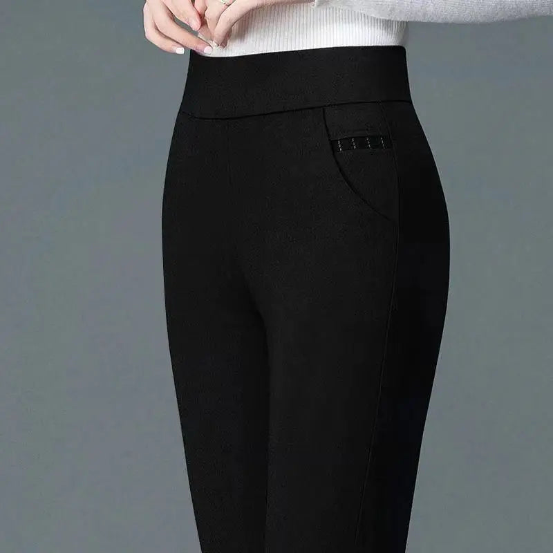 Women Slim Pencil Pants Spring Autumn High Waist Elastic Pockets Solid Elegant