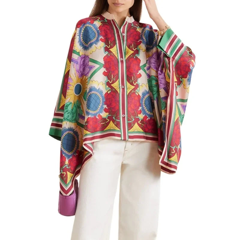 Spring Stylish Women Sleeves Flower Print Stand Collar Blouse