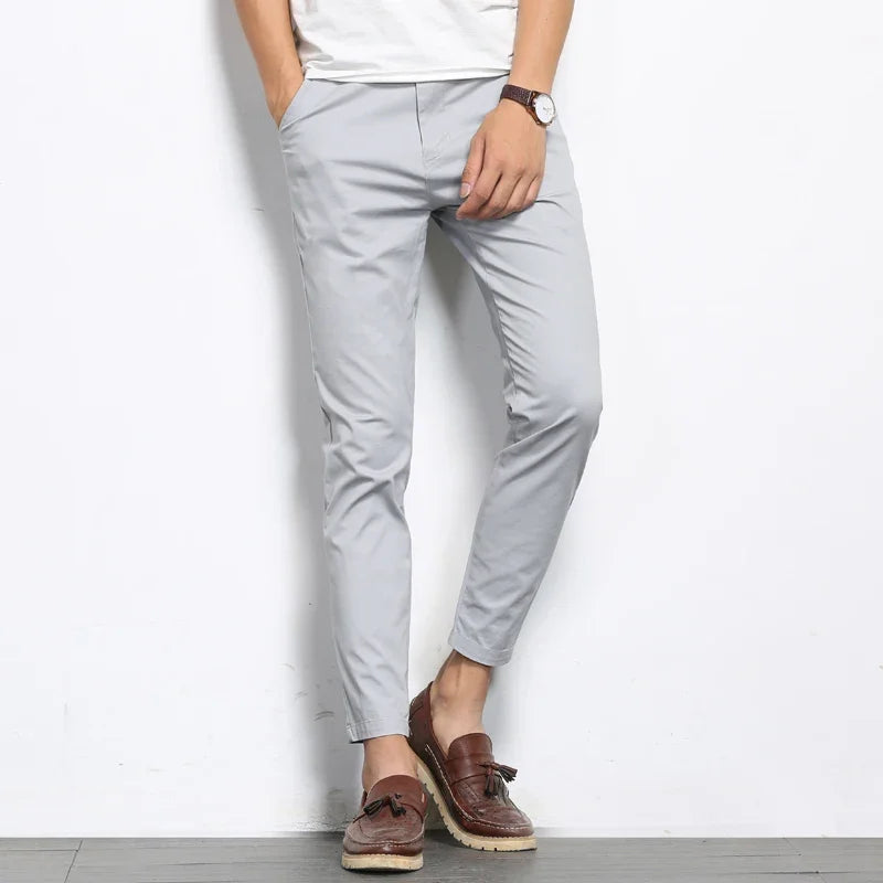 Summer Men's Fashions Solid Color Casual Pants Straight Elastic Ankle-Length