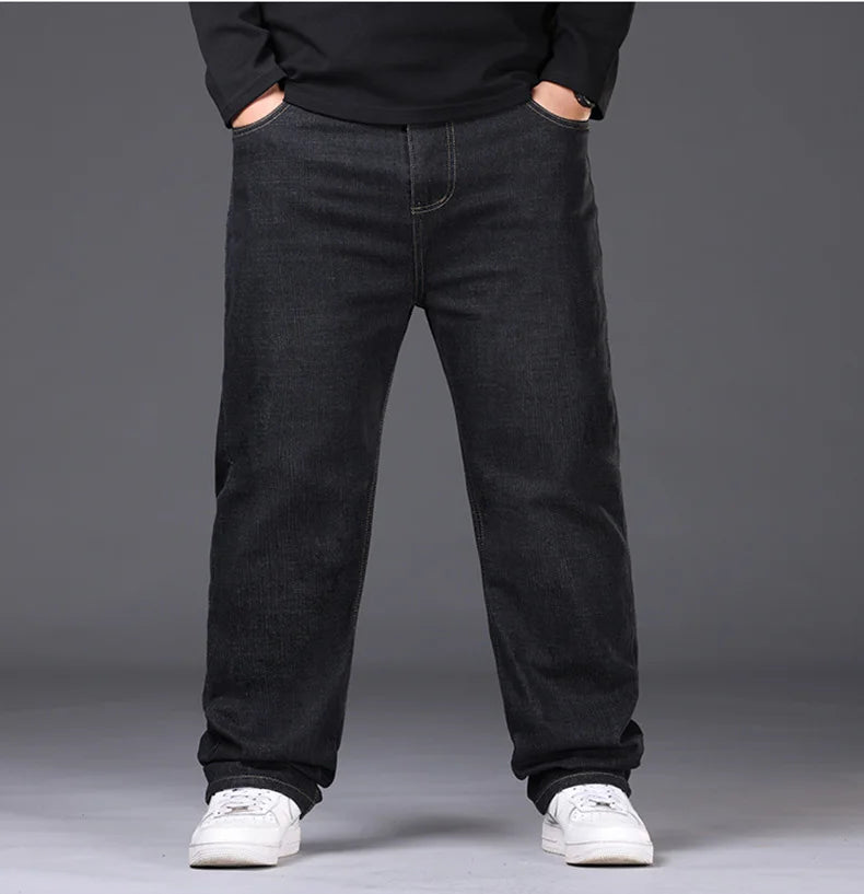 34-50 Sizes Men's Stretch Jeans Straight Leg Denim Pants Extended Sizing Blue/Black Streetwear Relaxed Fit for Work & Casual