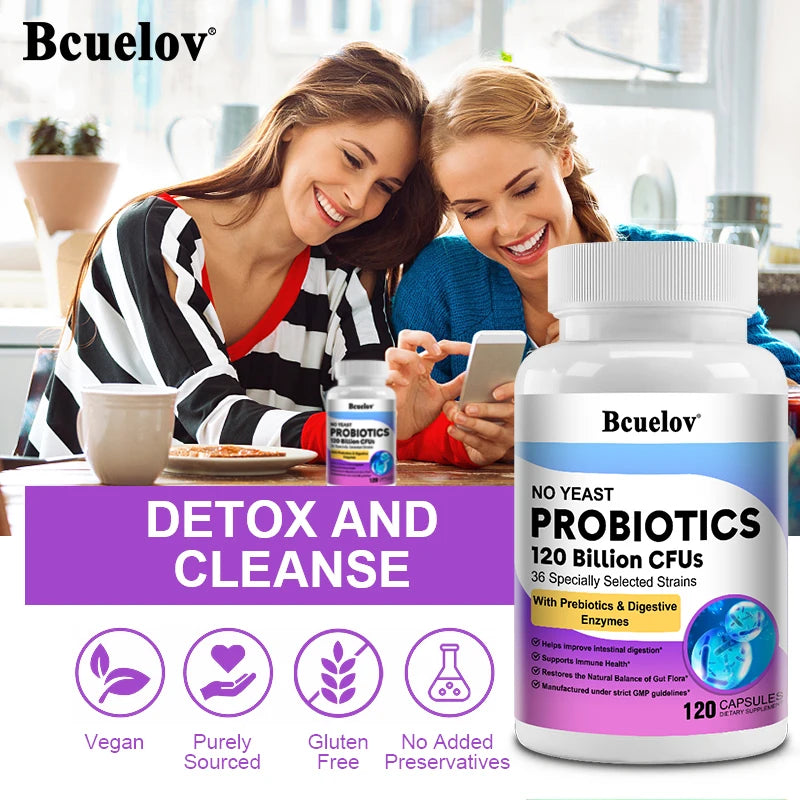 Bcuelov Probiotics 120 Billion CFU - 36 Strains with Prebiotics & Digestive Enzymes for Intestinal Digestion and Immune Support