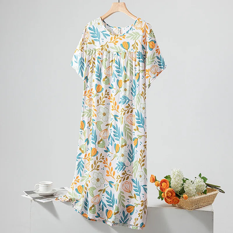 Summer Women Nightgown Short Sleeve Round Neck