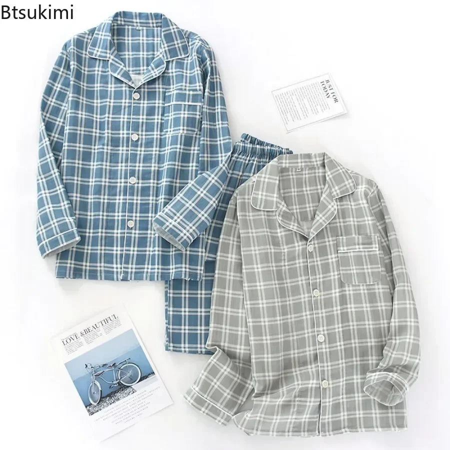 Men's Pajamas Sets Long-sleeved Cardigan Tops and Trousers 100% Cotton Double Gauze Lattice Sleepwear