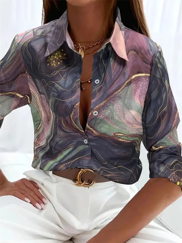 Elegant Printed Pattern Button Long Sleeve Women's Shirts