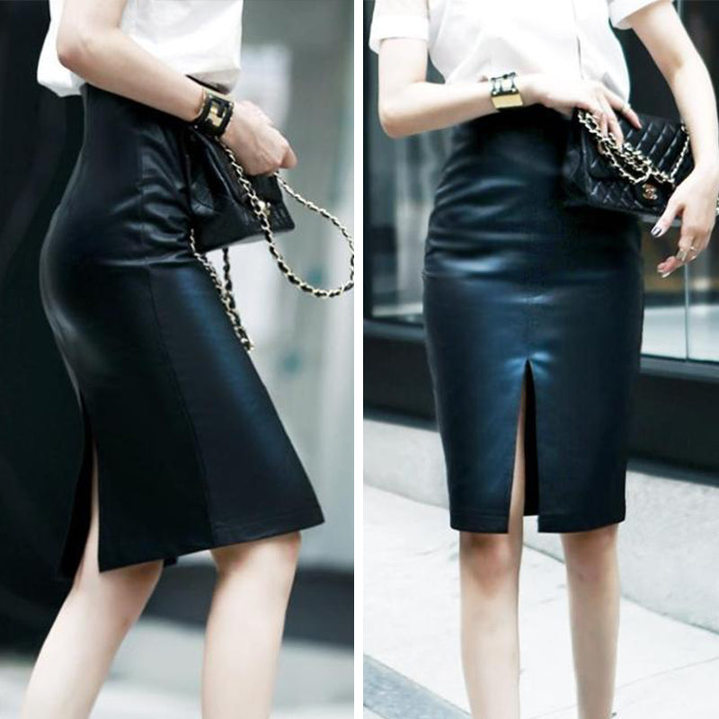 Front and Rear Slim-Fit High Waist Slim Leather Skirt