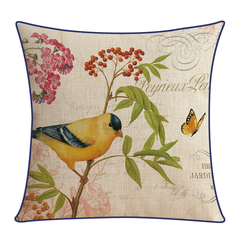 Sofa Pillow Cotton and Linen Thick Flower and Bird Back Seat Cushion Pillow Office