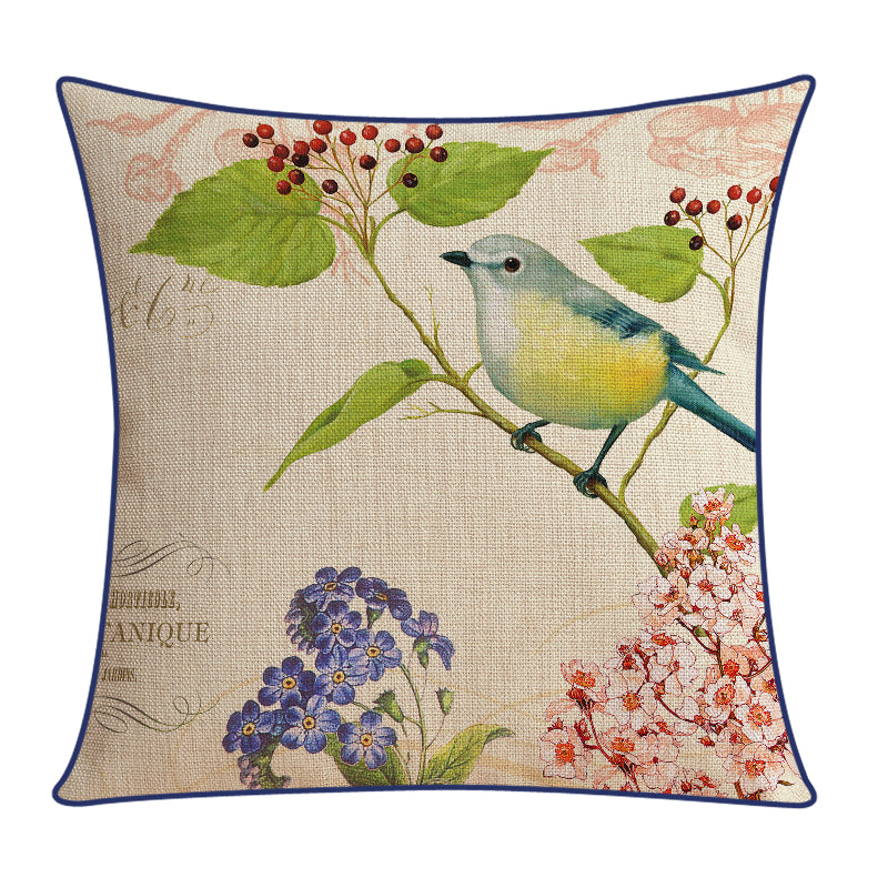Sofa Pillow Cotton and Linen Thick Flower and Bird Back Seat Cushion Pillow Office