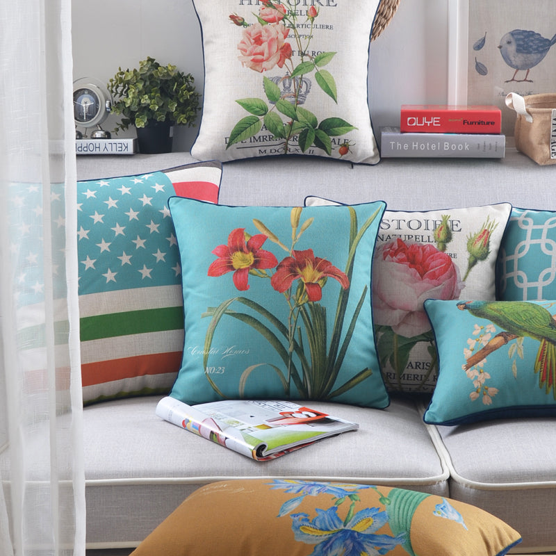 Sofa Pillow Cotton and Linen Thick Flower and Bird Back Seat Cushion Pillow Office