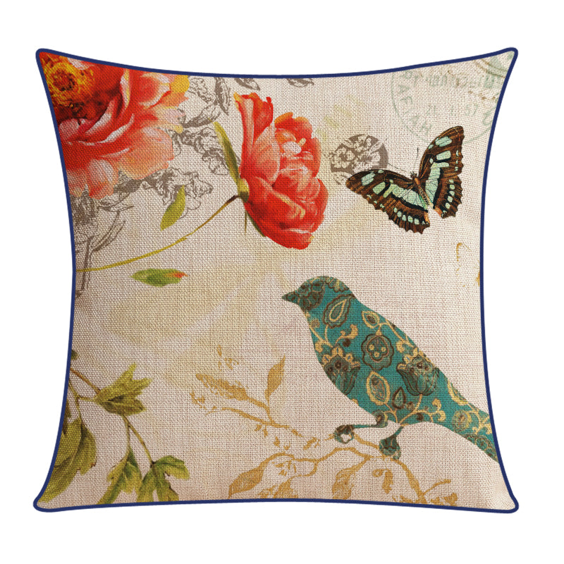 Sofa Pillow Cotton and Linen Thick Flower and Bird Back Seat Cushion Pillow Office