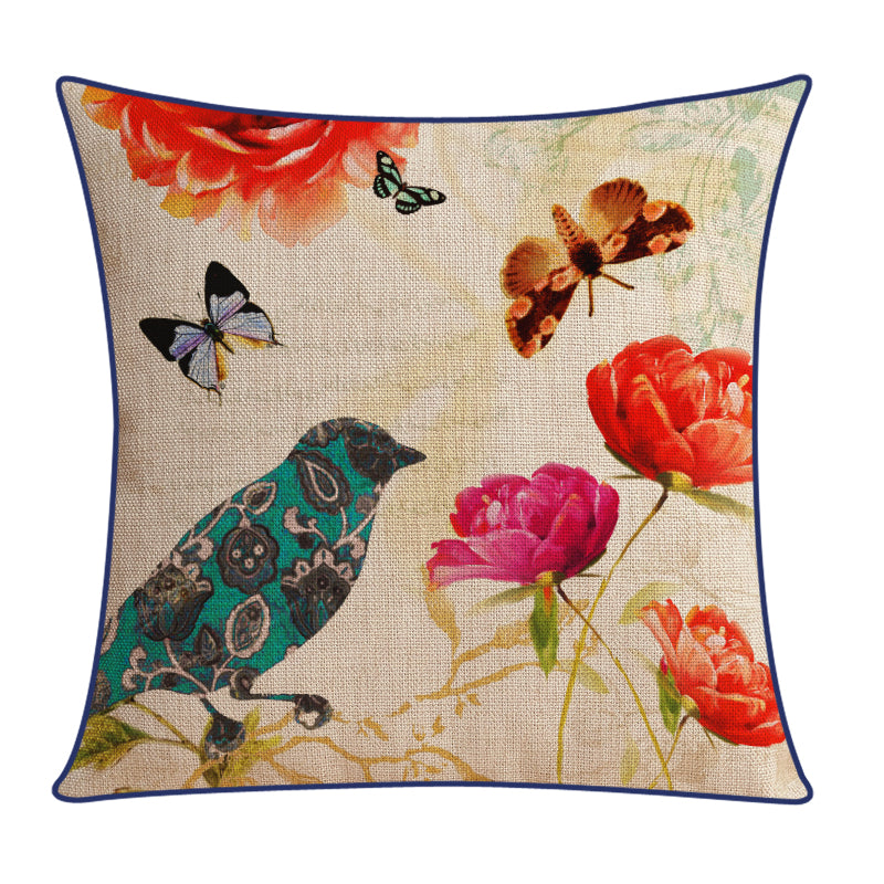 Sofa Pillow Cotton and Linen Thick Flower and Bird Back Seat Cushion Pillow Office