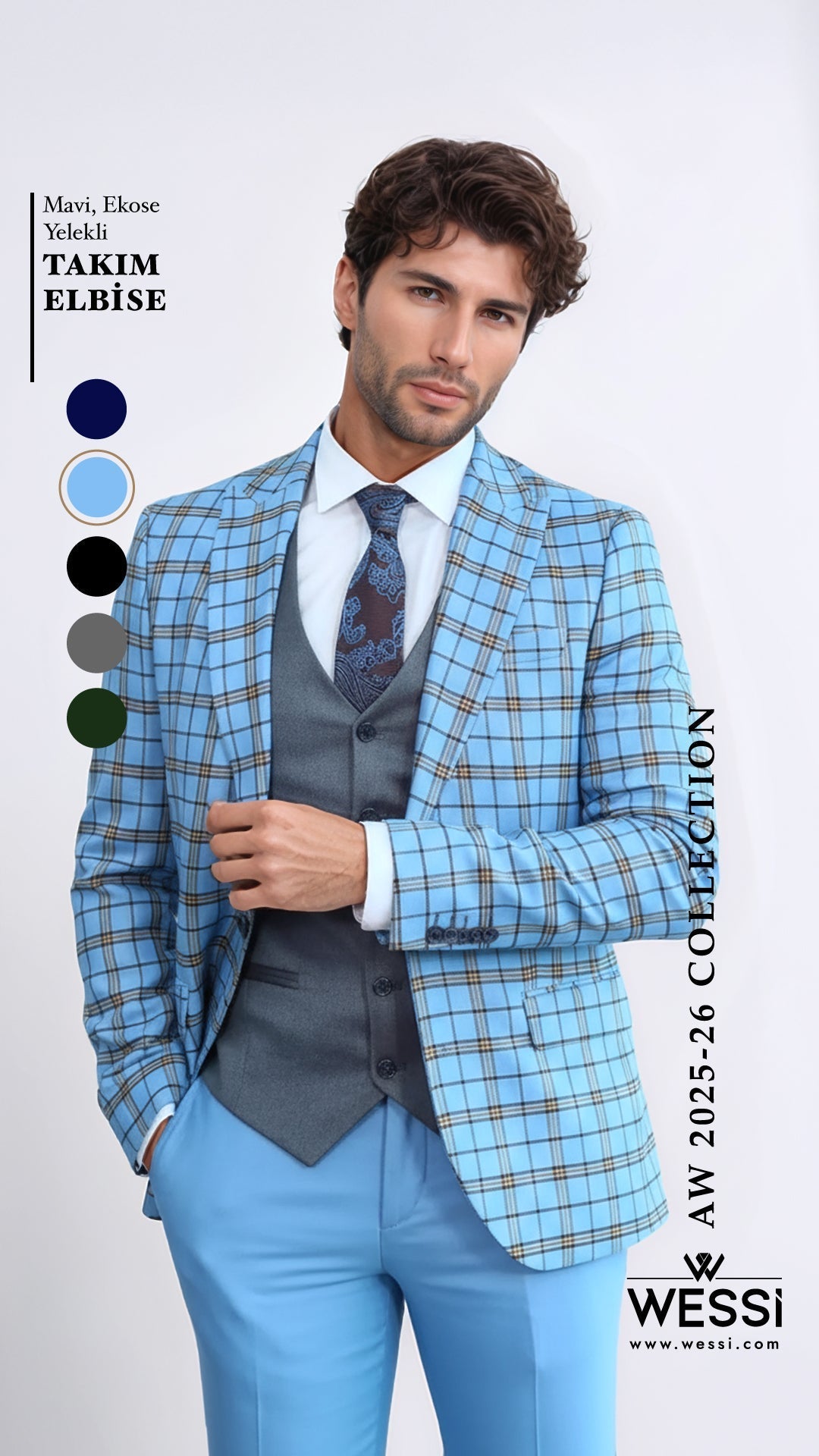 Grey Vested Slim Fit Checked Light Blue Men Suit - Wessi