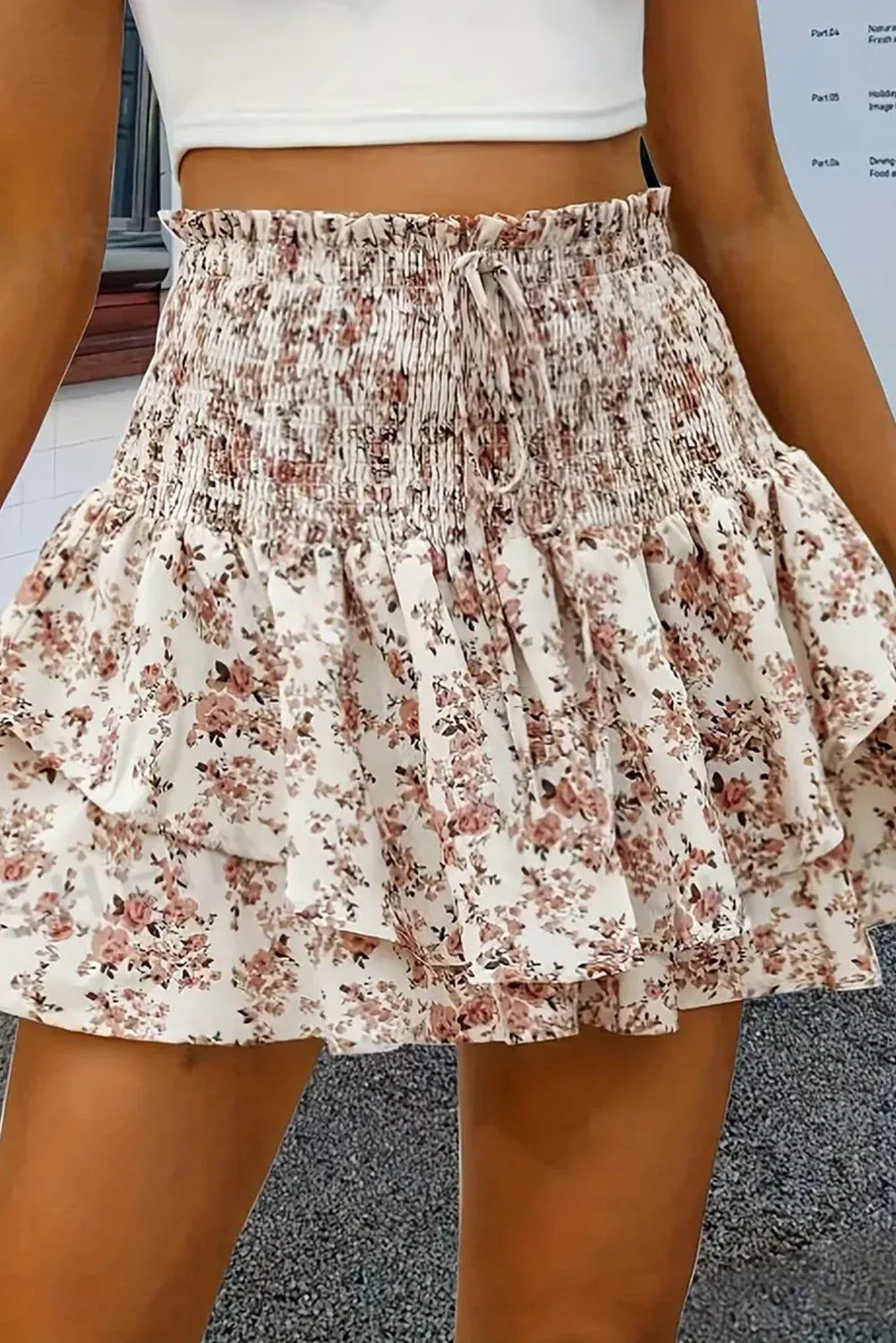 Apricot Floral Printed Drawstring Elastic Waist Layered Skirt