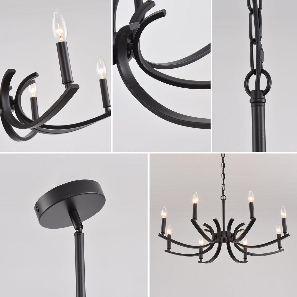8-Light Farmhouse Chandelier with Adjustable Height - Black Metal