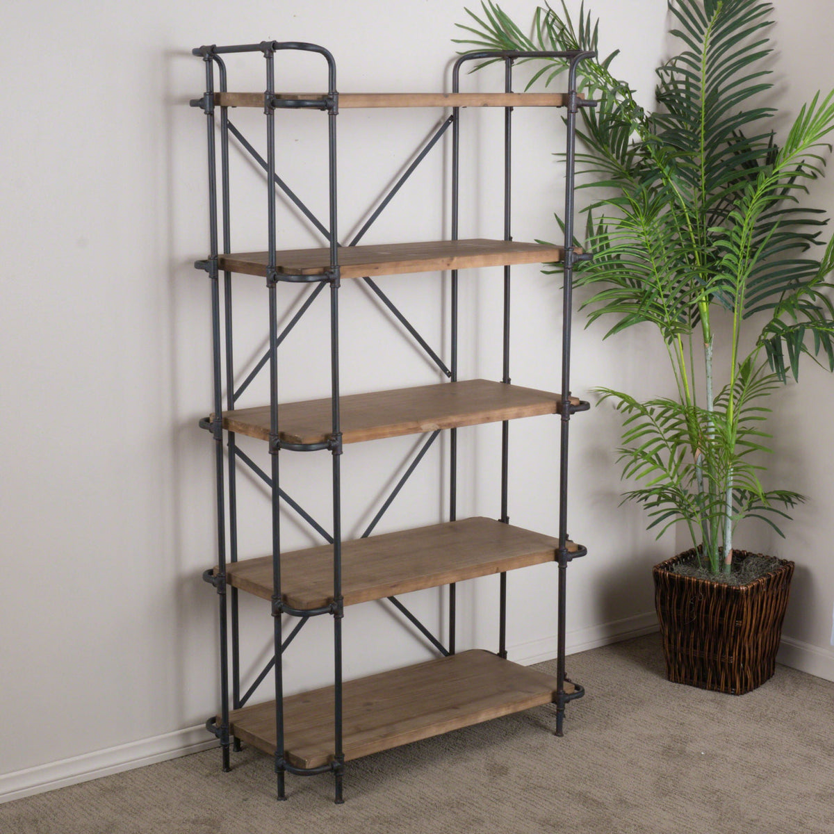 Yorktown Industrial 5 Shelf Bookcase with Metal Pipework and Fir Wood - Natural