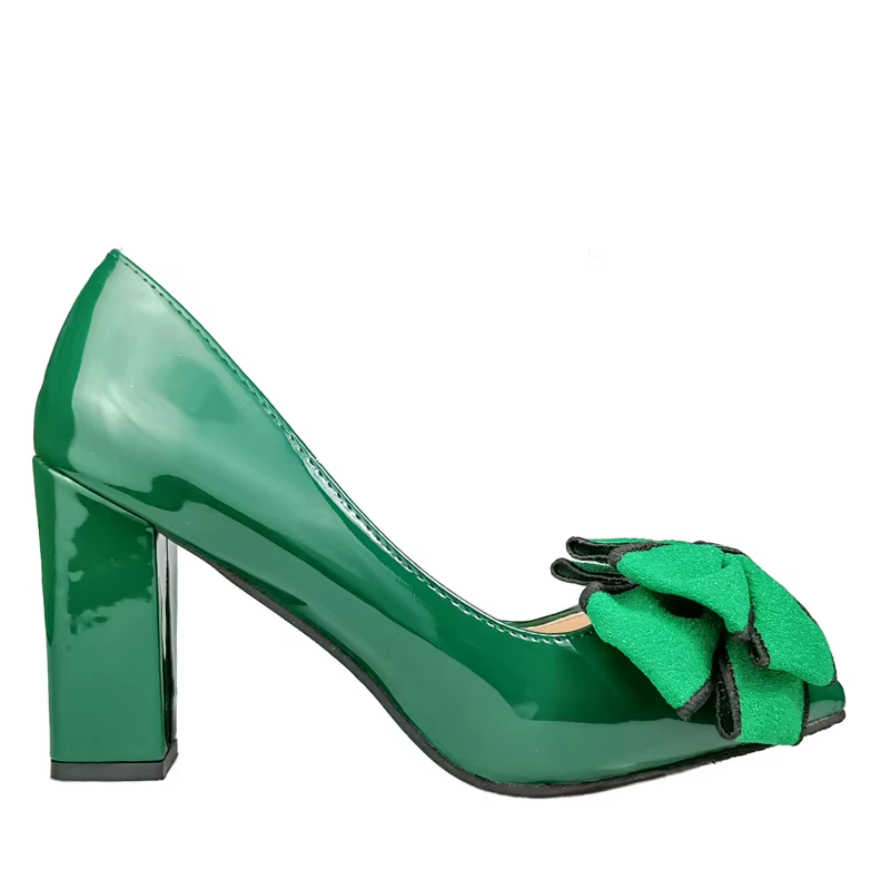 Women Square Heel Double Layer Dark Green Flowers Pumps Shoes