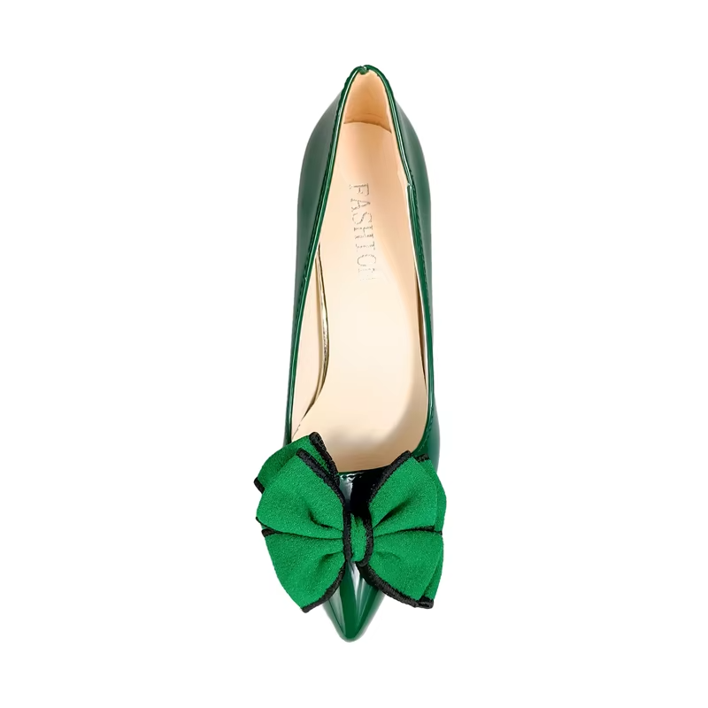 Women Square Heel Double Layer Dark Green Flowers Pumps Shoes