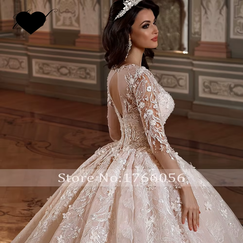 Luxury Long Sleeve Flowers Lace Ball Wedding Dresses Elegant Appliques Beaded Chapel Train