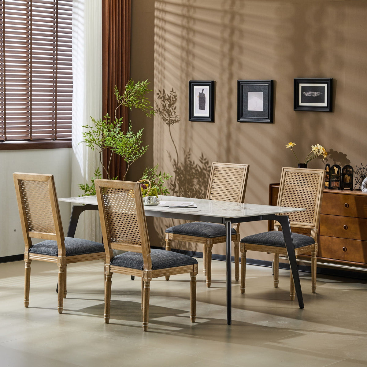 French Country Dining Chair with Rectangular Cane Backrest and Upholstered Seat