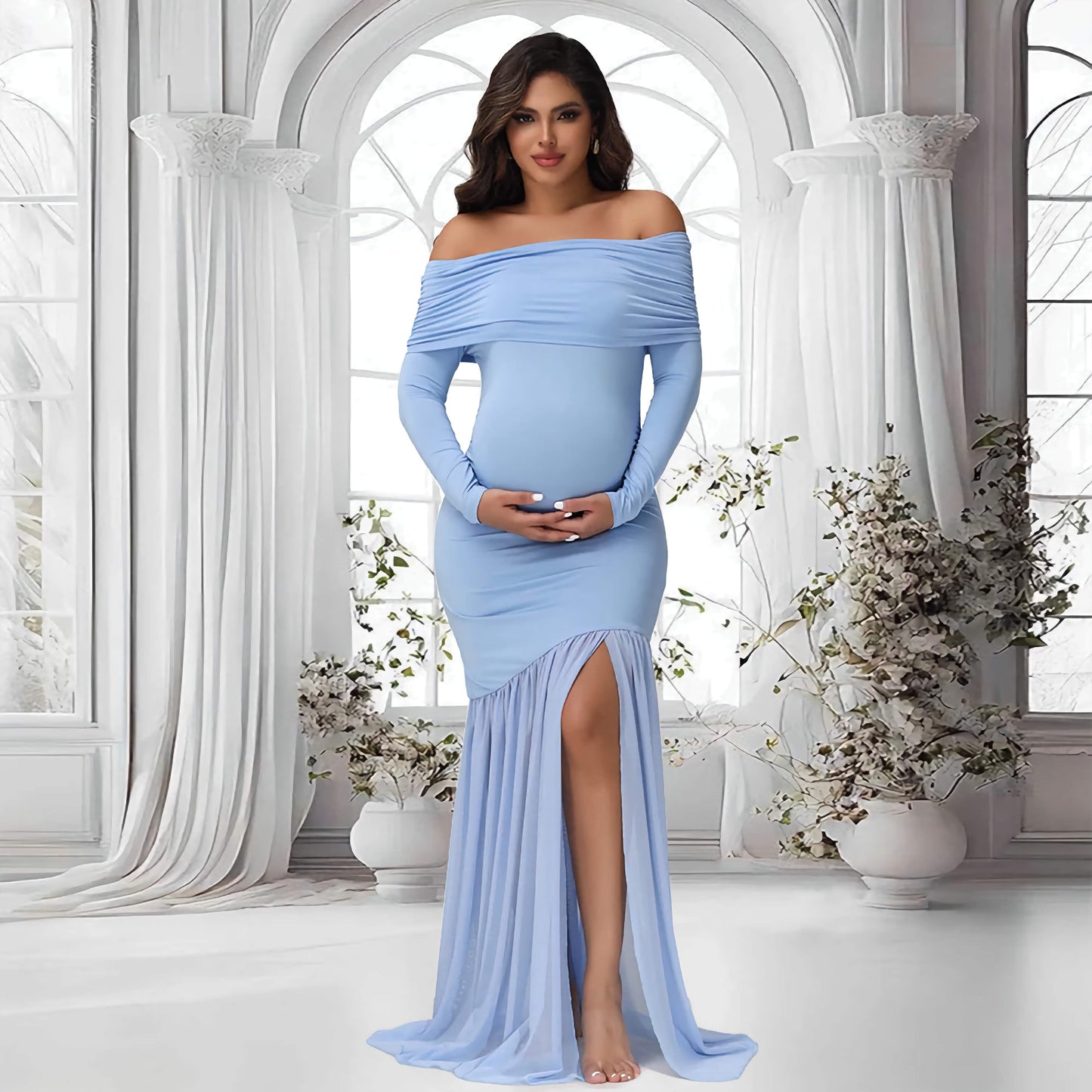 Elegant Maternity Gown Photoshoot Party Dress Off-Shoulder Slits Fishtail Hem
