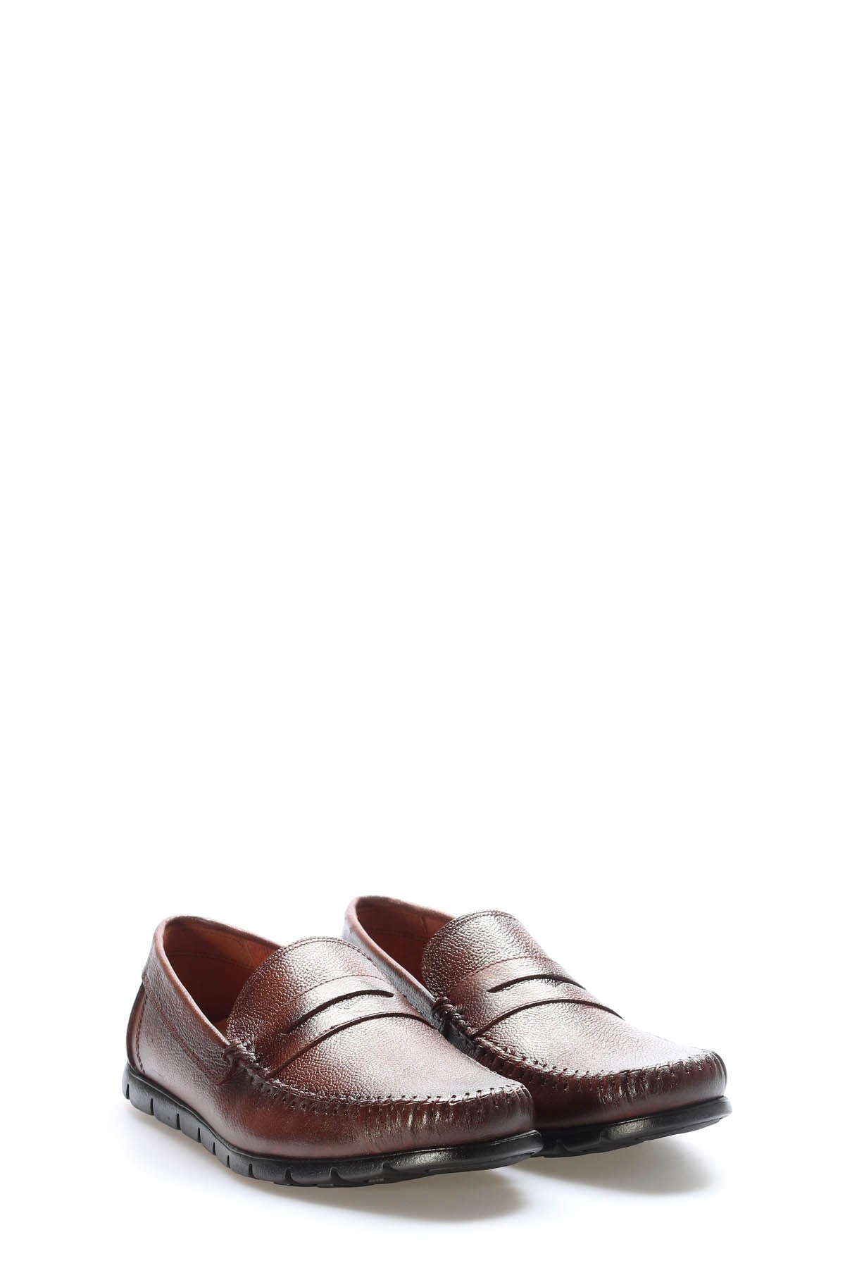 Brown Textured Leather Penny Loafers for Men | Wessi
