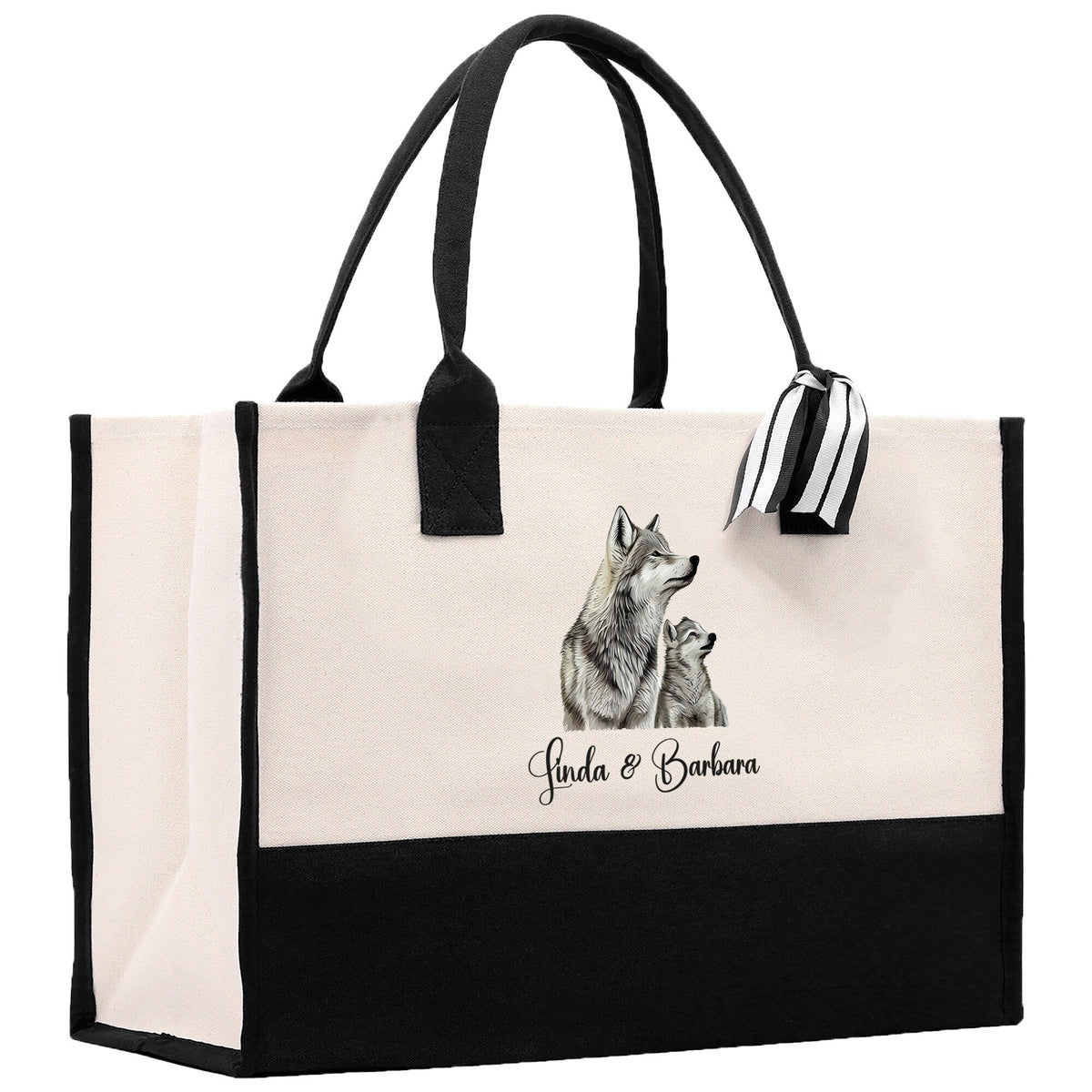 Wolf Mom And Baby Name Custom Cotton Canvas Tote Bag Custom Pet Lover Gift Pet Portrait Bag Personalized Pet Owner Gift Tote Bag
