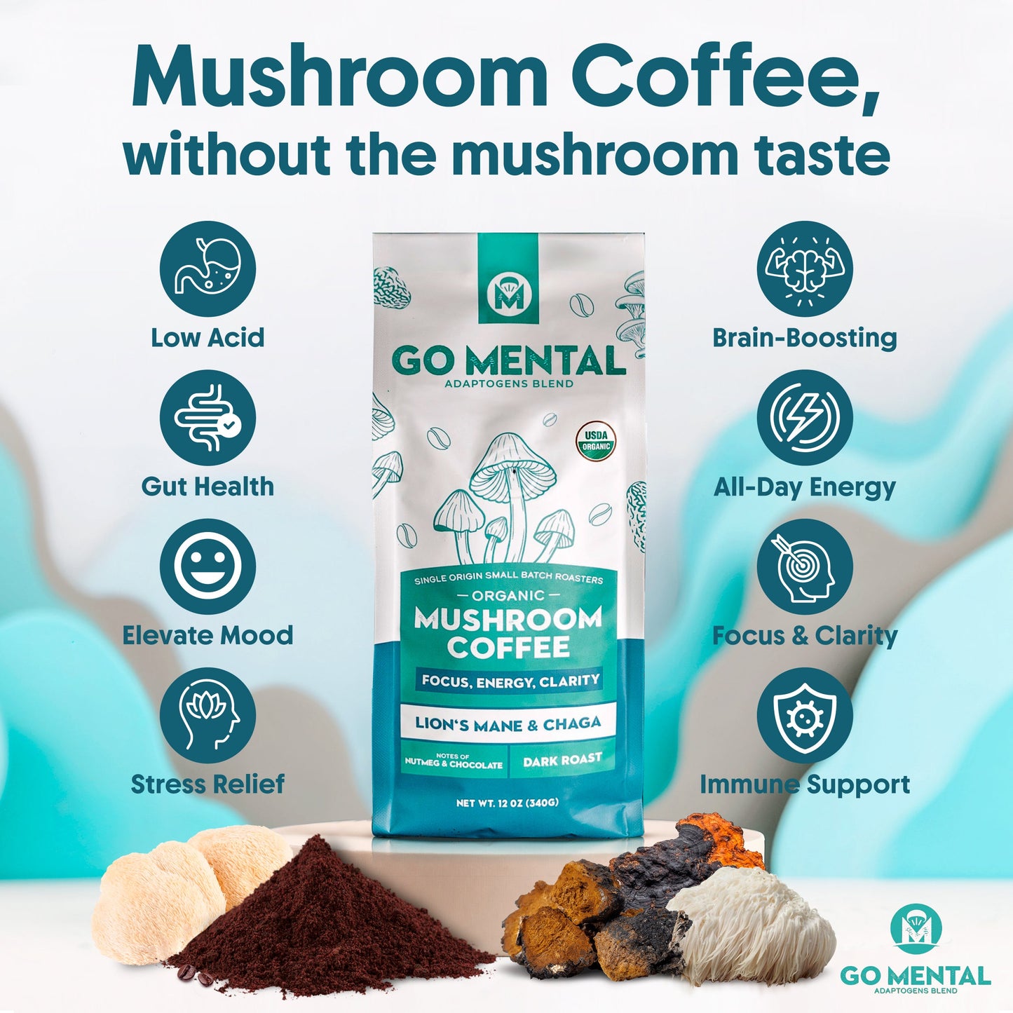 Organic Lion's Mane and Chaga Mushroom Coffee Dark Roast Coffee