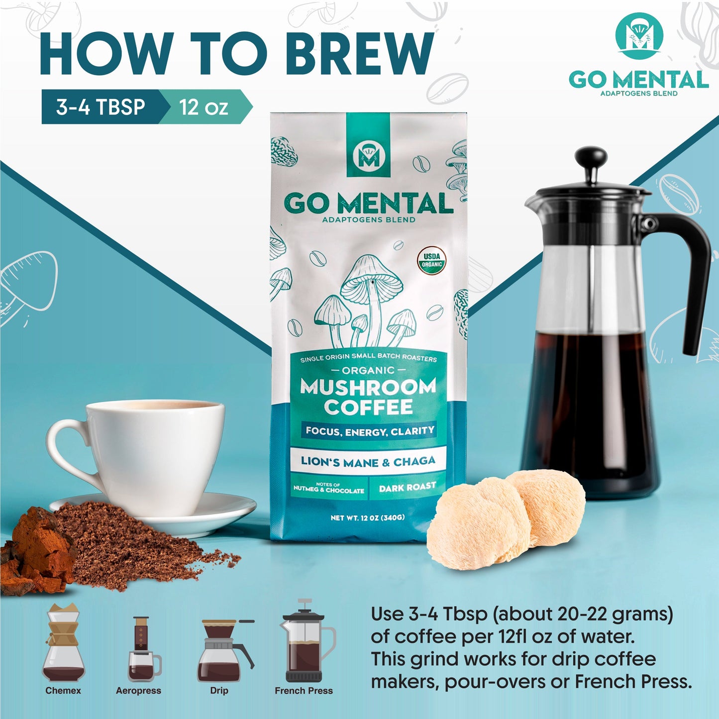 Organic Lion's Mane and Chaga Mushroom Coffee Dark Roast Coffee