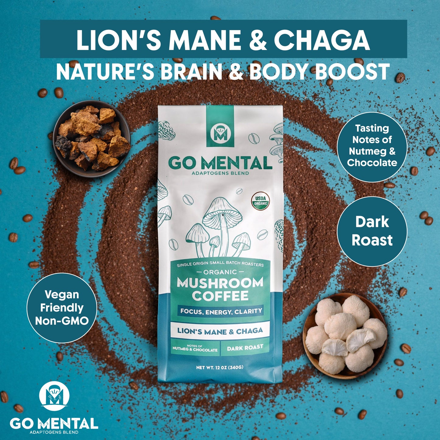 Organic Lion's Mane and Chaga Mushroom Coffee Dark Roast Coffee