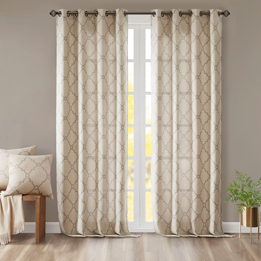 Fretwork Print Grommet Top Window Curtain Panel with Sunlight Filtering - Beige/Grey