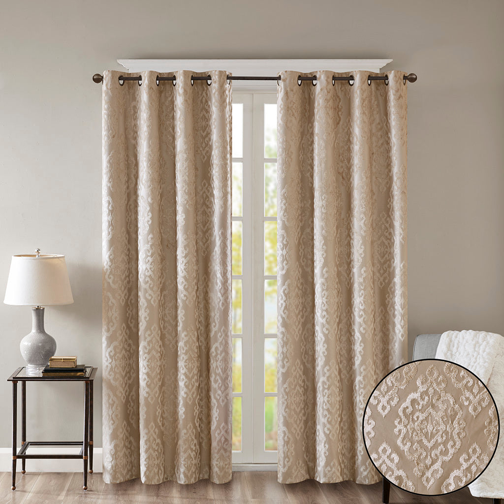 Knitted Jacquard Damask Total Blackout Grommet Top Curtain Panel - Champagne