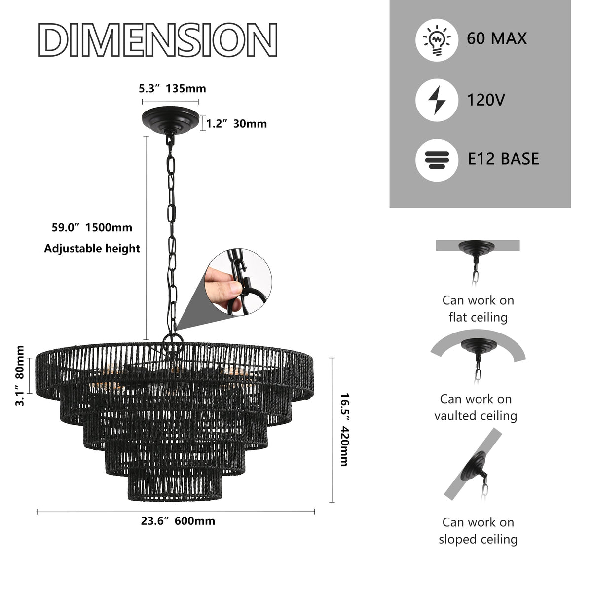 Rustic 5-Tier Hemp Rope Chandelier with 8 Lights - Black