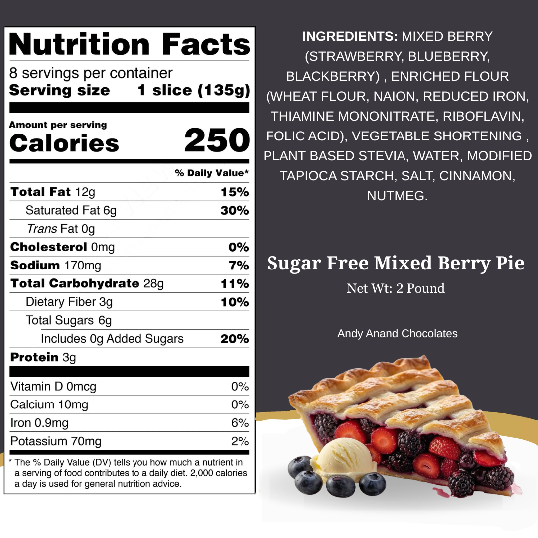 Andy Anand Sugar-Free Mixed Berry Pie, 2.6 lbs - Handcrafted Strawberries, Blueberries & Blackberries - Freshly Baked, Guilt-Free Dessert in Reusable Serving Tray - Perfect for Birthdays & Holidays