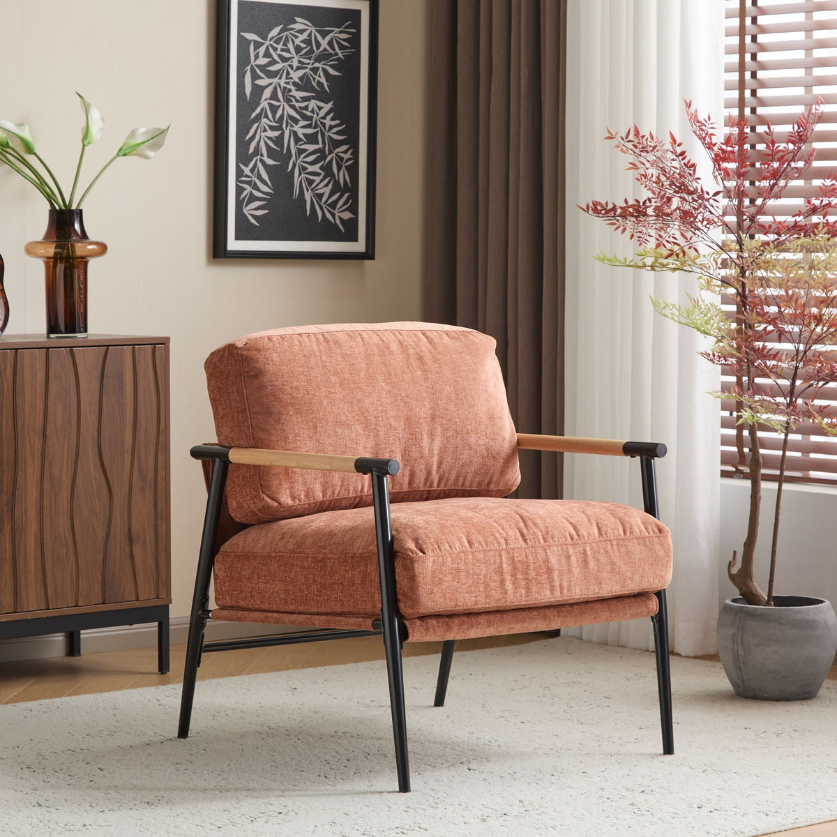 Modern Accent Chair with Plush Cushions and Wooden Armrests - Available in Multiple Colors