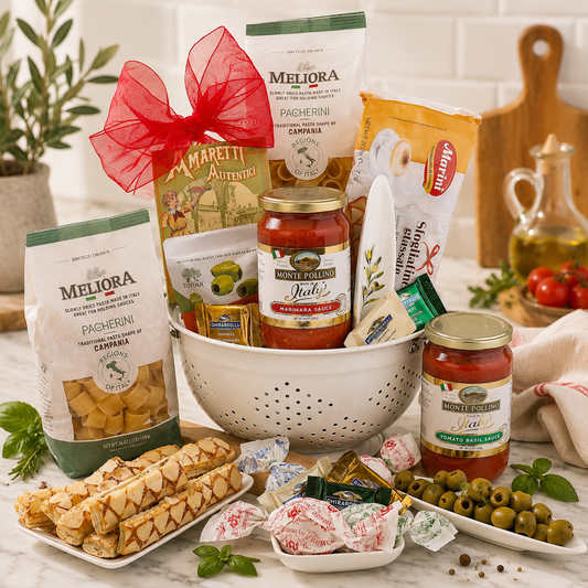 Taste of Italy gift basket with pasta, sauce, olives, and sweets arranged in a white colander with a red bow.