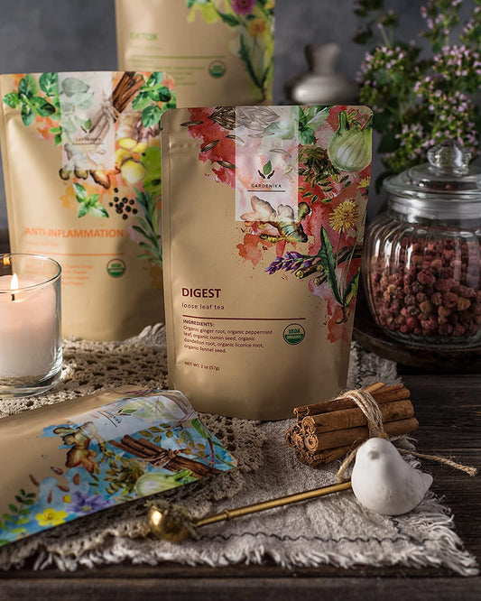 Gardenika organic herbal tea lifestyle — wellness, digestion, and anti-inflammation loose leaf teas