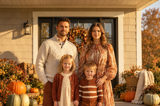Family of four in cozy fall outfits on an autumn porch