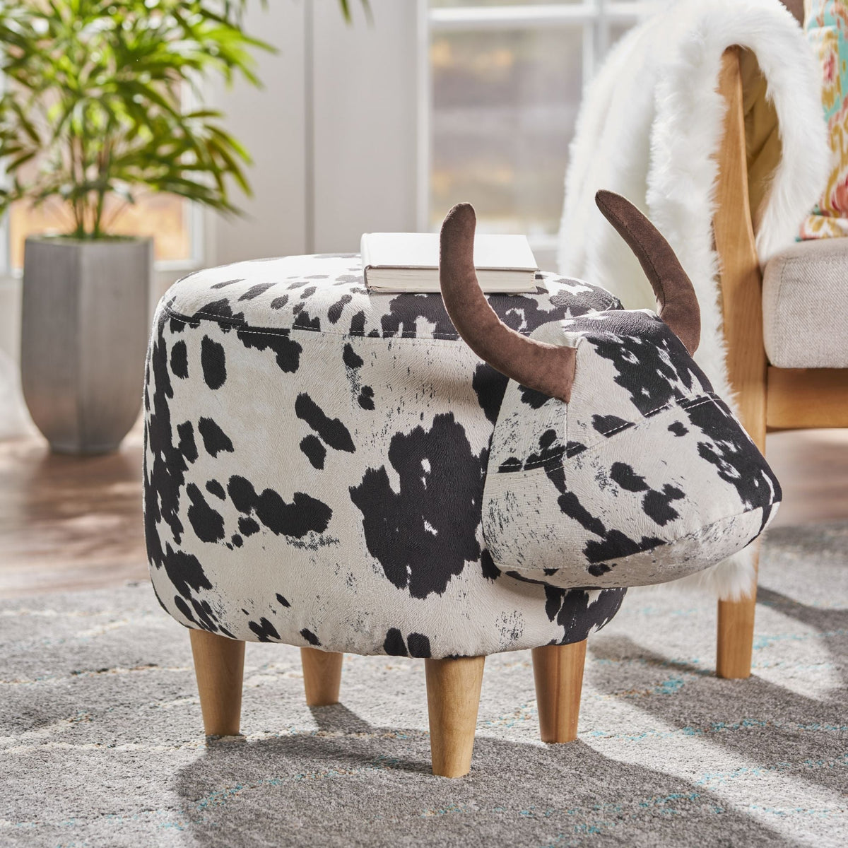 Cow Shaped Ottoman Footstool with Fabric and Wood - Black or Dark Brown
