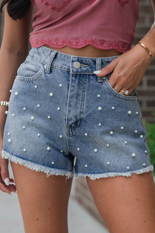 Dusk Blue Pearl Beaded Raw Hem Medium Wash Denim Shorts