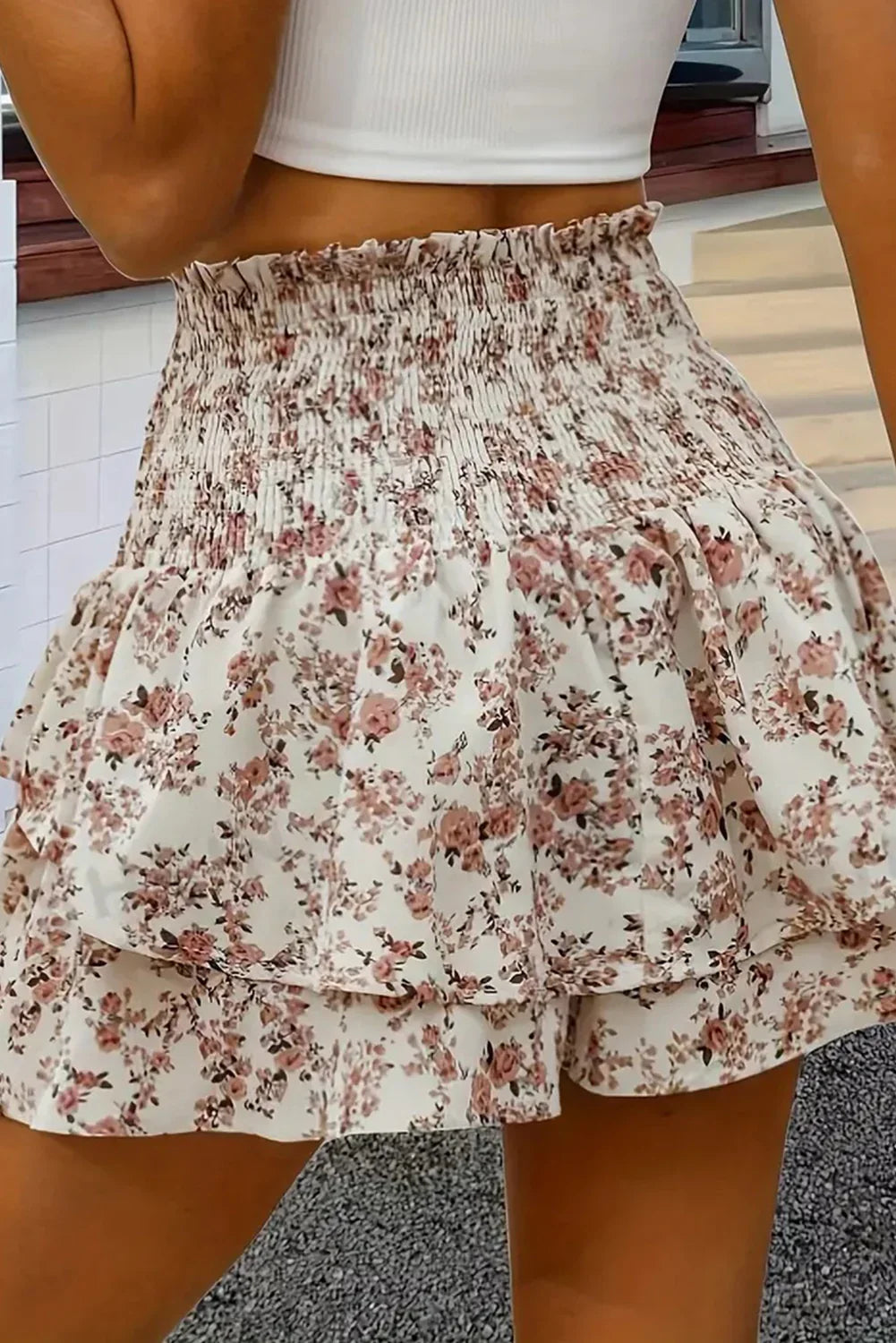 Apricot Floral Printed Drawstring Elastic Waist Layered Skirt