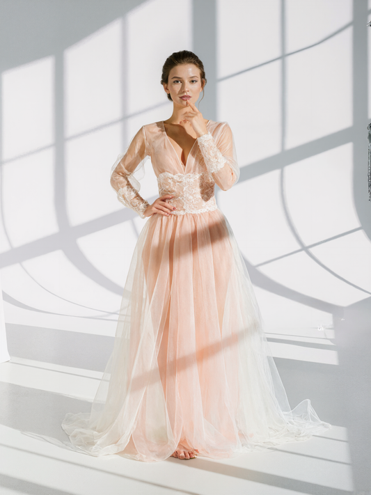 Luxury Peach Pink Sheer Lace Corset Robe Dress | Long Sleeve Bridal Boudoir Gown with Tulle Skirt