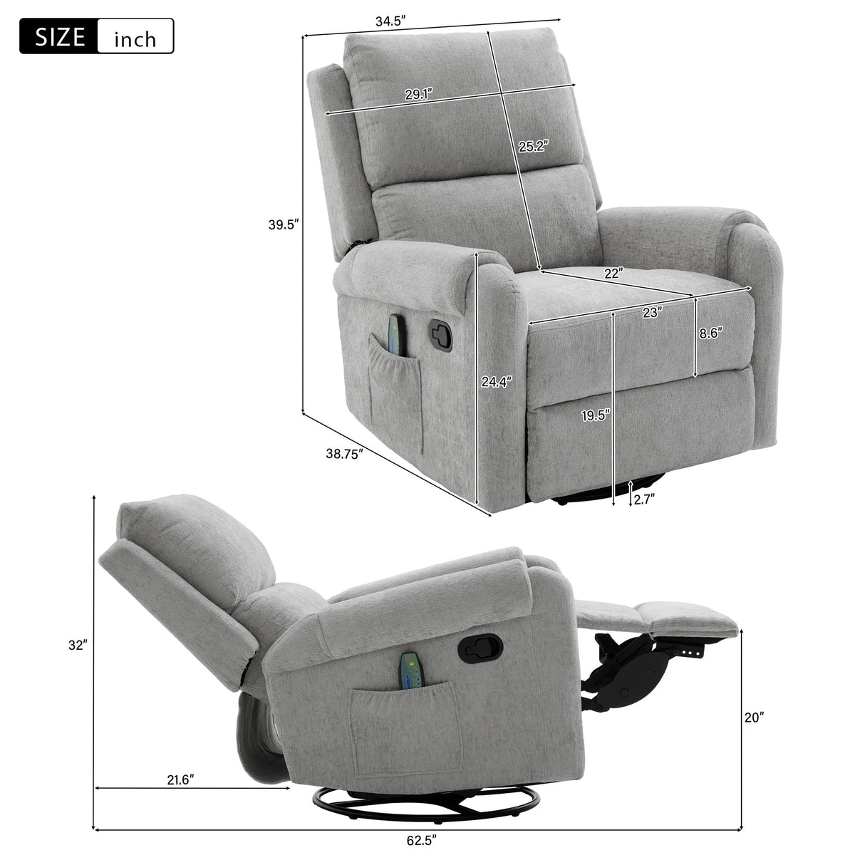 Manual Recliner Massage Chair With Swivel Rocker